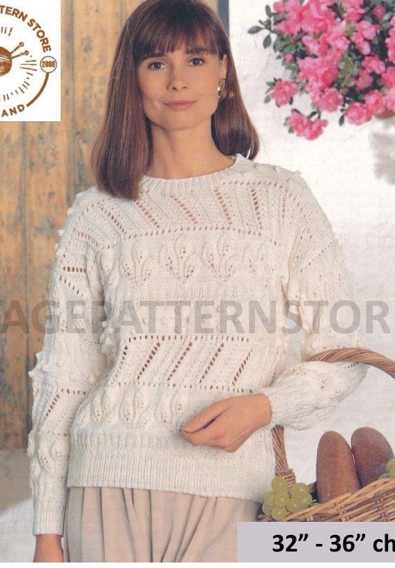 Ladies Womens 90s DK round neck lacy lace drop shoulder dolman sweater ...