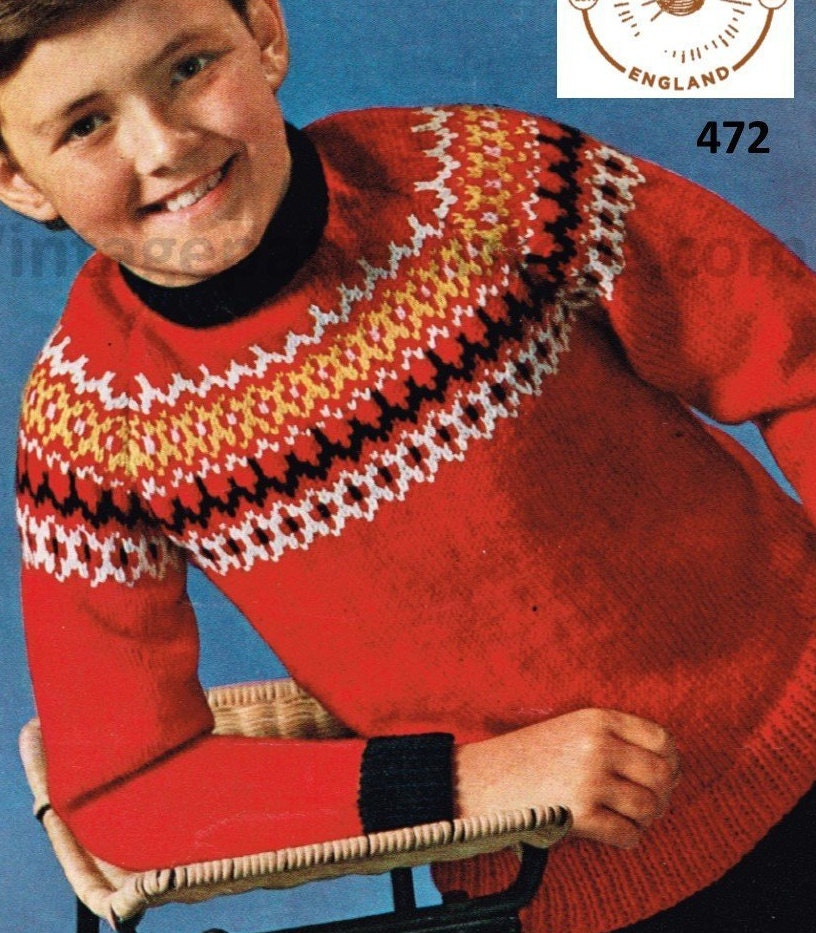 Boys 70s vintage fair isle yoke yoked crew neck DK raglan sweater ...