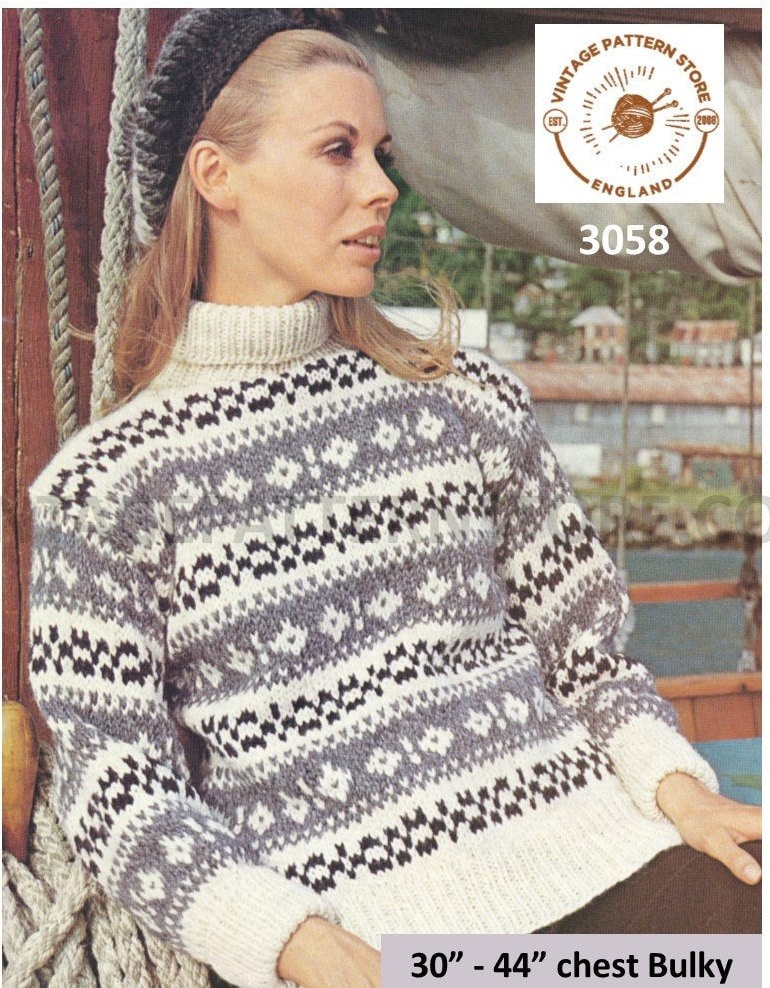 Ladies Womens 80s vintage bulky knit polo neck fair isle banded raglan ...