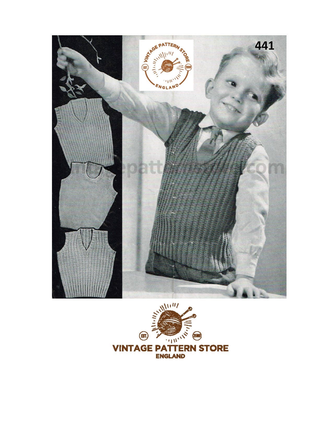 Boys 40s easy to knit V or round neck ribbed and plain tank top