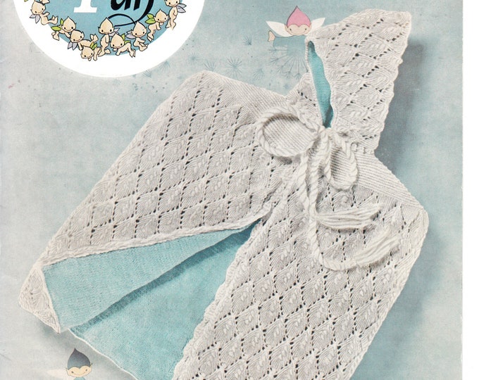 Baby Babies 60s vintage DK & 3 ply diamond eyelet lace lacy lined hooded carry cape shawl knitting pattern 22" to 24" chest Peter Pan 89 P89