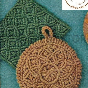 May include: Two crocheted pot holders, one green and one brown, with a loop handle. The green pot holder is square and the brown pot holder is round. The pot holders are on a blue background.