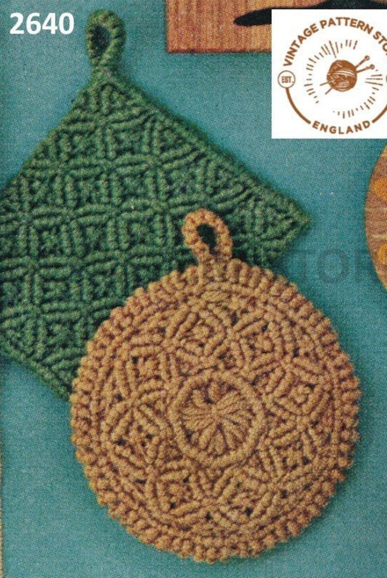 May include: Two crocheted pot holders, one green and one brown, with a loop handle. The green pot holder is square and the brown pot holder is round. The pot holders are on a blue background.