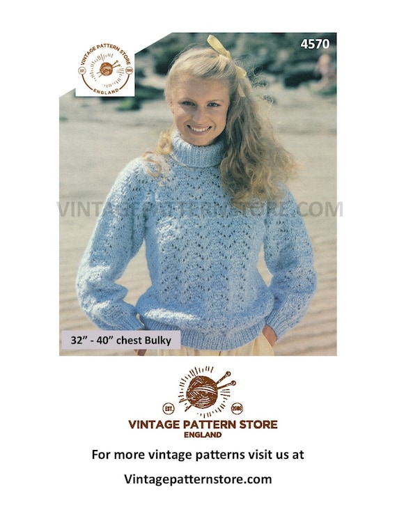 Womens 80s Vintage Polo Neck Turtleneck Bold Lacy Chevron