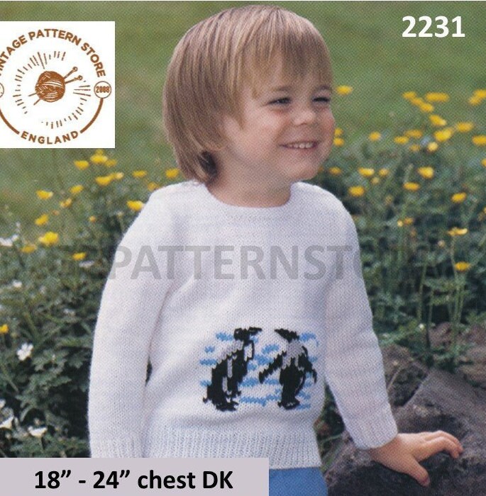 Boys Girls 70s vintage easy to knit DK round neck penguin bird intarsia ...