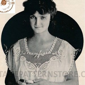 May include: A vintage black and white photo of a woman wearing a white crochet top with a butterfly design. The photo is from a pattern store and has the number 2545 printed on it.
