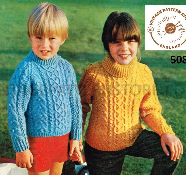 Boys Girls Childrens 80s vintage crew or polo neck cable cabled aran ...