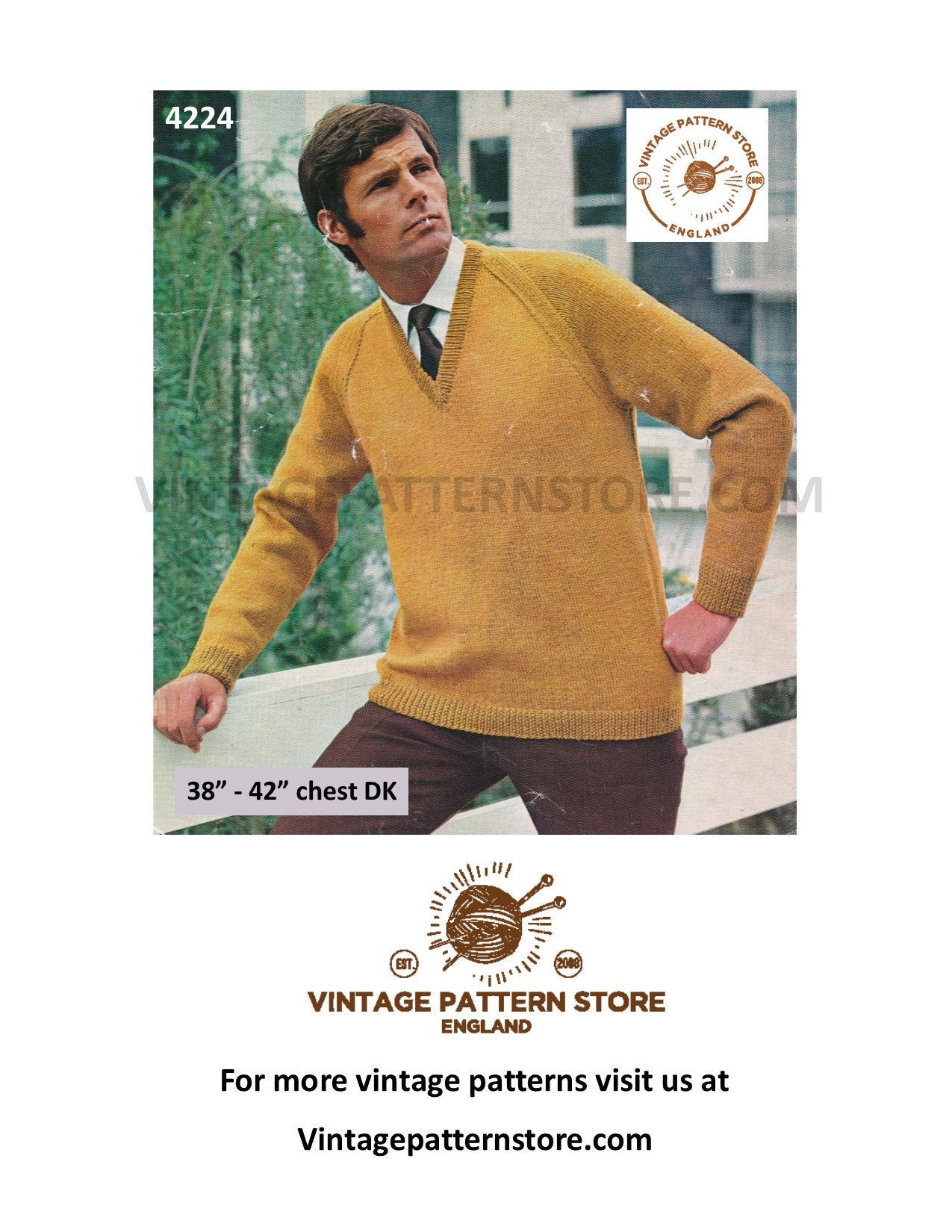 Mens Mans 60s vintage plain and simple easy to knit V neck DK raglan ...