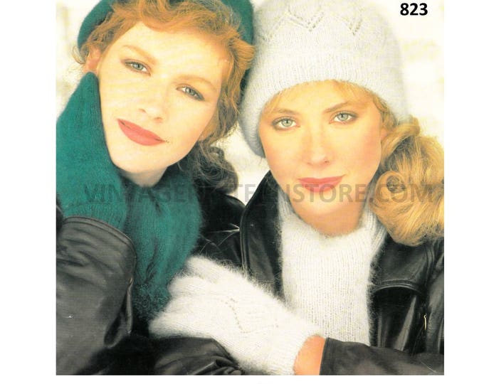 Ladies Womens 80s vintage angora or 4 ply eyelet lace lacy hat cap scarf and gloves pdf knitting pattern 7" palm size PDF download 823