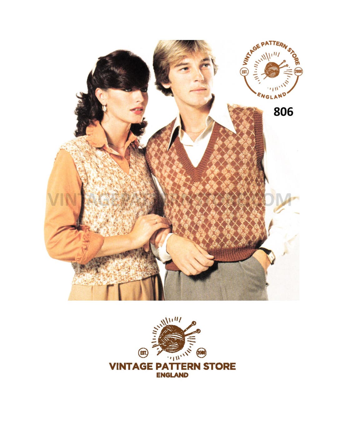 Womens Mens 70s Vintage Ply V Neck Easy to Knit Fair Isle