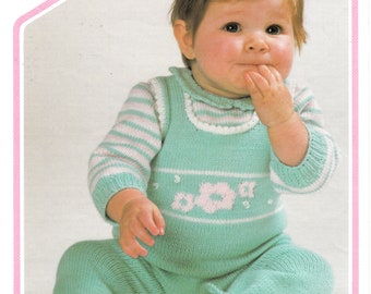 Original Pattern Peter Pan 420 Baby Babies 80s vintage 4 ply dungarees romper play suit & striped sweater knitting pattern 16" to 20" chest