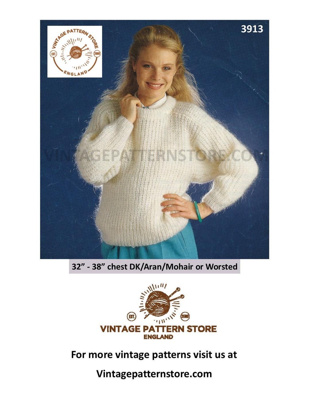 Ladies Womens 90s Beginners Easy to Knit DK Aran Worsted or Mohair