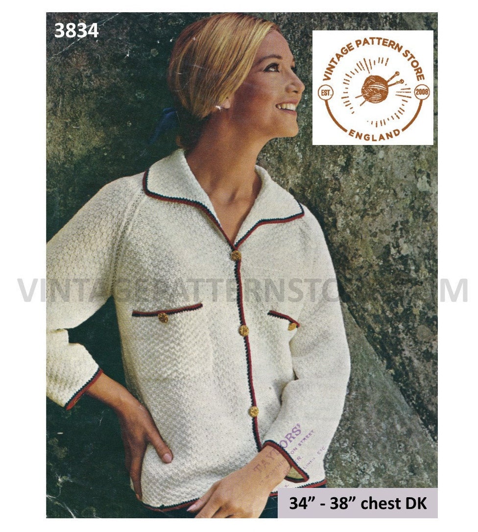 Ladies Womens 70s vintage Chanel style V neck textured raglan DK jacket  cardigan pdf knitting pattern 34 to 38 Chest Instant download 3834