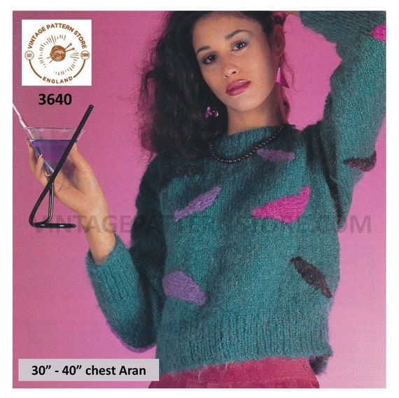 Ladies Womens 80s Round Neck Easy to Knit Aran or Mohair