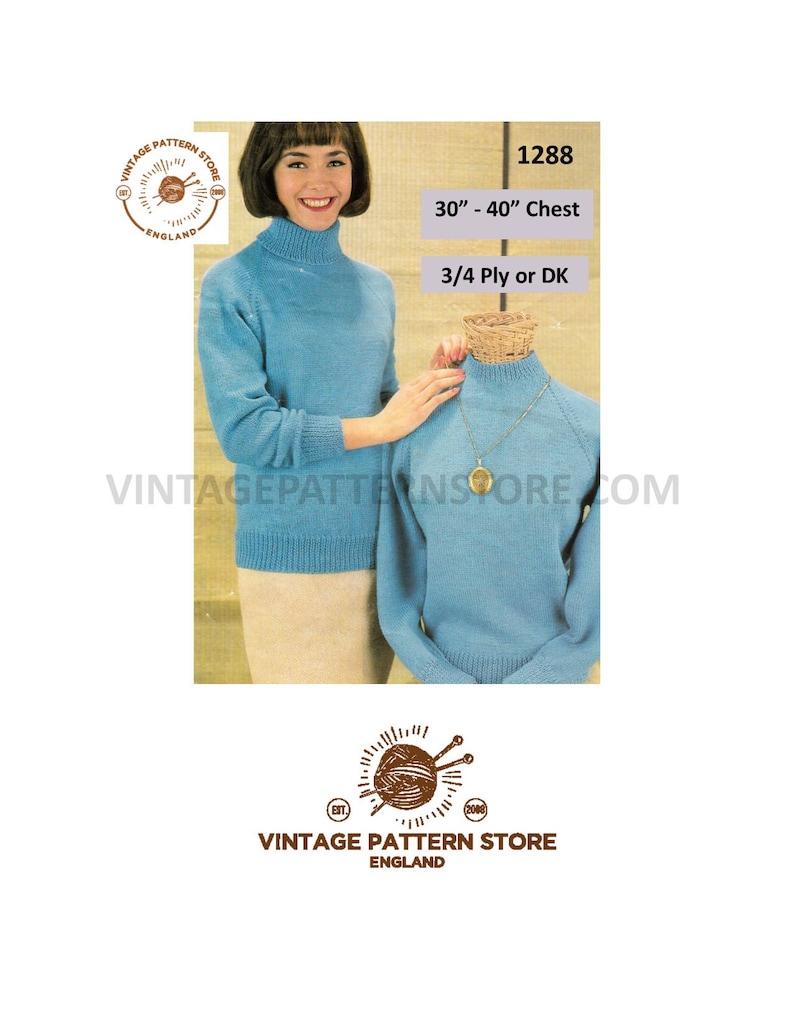 70s Raglan Sweater Knitting Pattern: Polo or Crew Neck (30-40