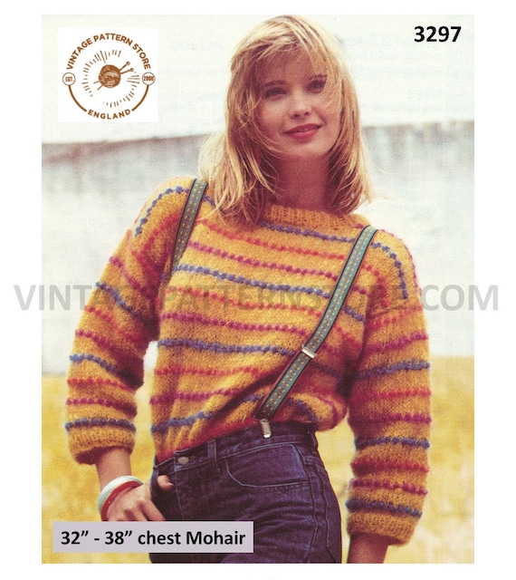 Ladies Womens 80s Vintage Round Neck Drop Shoulder Striped