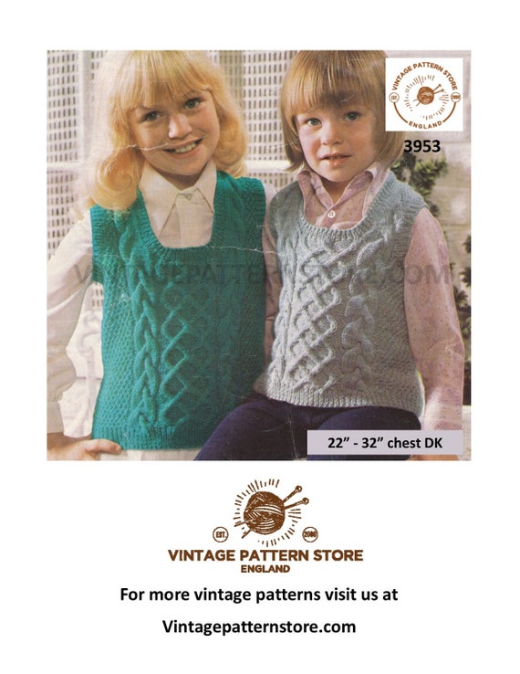 Childrens Cable Vest Knitting Pattern, DK Scoop Neck 22-32