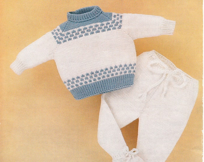 Baby fair isle sweater knitting pattern, Babies easy knit turtleneck polo neck DK sweater & pants patterns - 18" - 20" chest - Peter pan 223