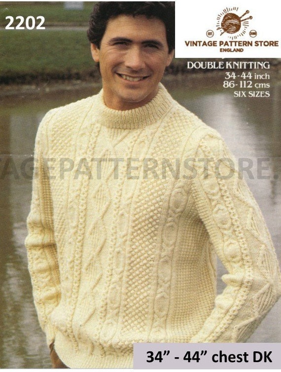 Mens 80s Vintage Cable Sweater Knitting Pattern, Raglan Sleeve 34