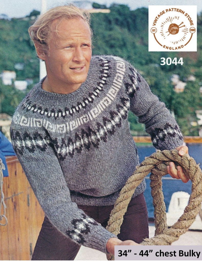 Mens Mans 80s vintage chunky knit crew neck fair isle yoke Mens Mans 80s vintage chunky knit crew neck fair isle yoke
