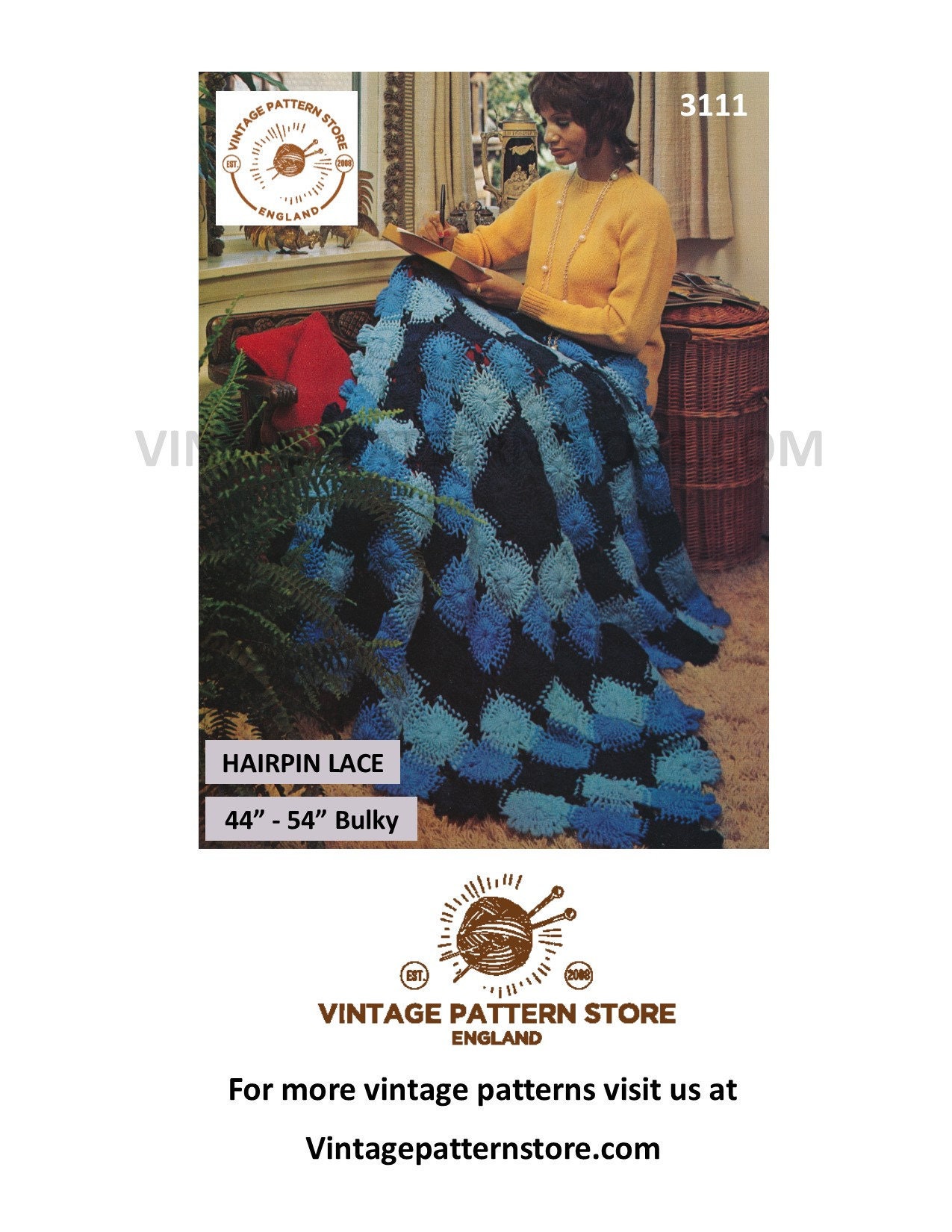 70s afghan throw crochet & hairpin lace pattern, 70s patchwork