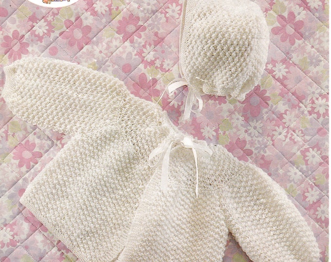 Baby matinee coat knitting pattern, Baby Textured ribbon matinee coat bonnet pattern, 3 ply baby patterns - 18" - 20" chest - Peter pan 202