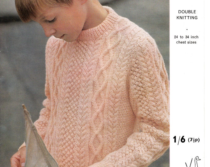 Original Pattern Emu 6241 Boys 60s vintage DK crew neck cable cabled raglan sweater jumper pullover knitting pattern 24" to 34" chest