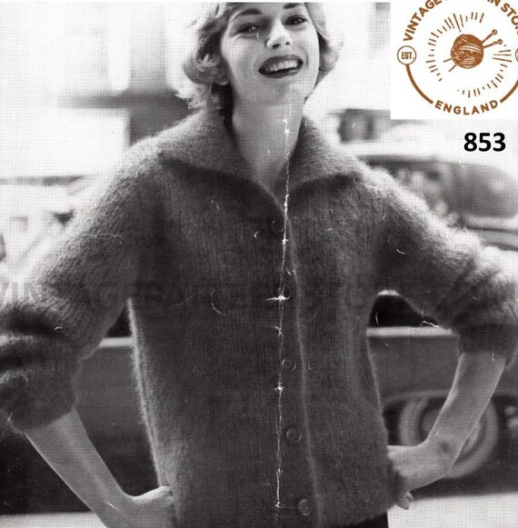 50s Mohair Cardigan Knitting Pattern, Raglan Collar (34-38