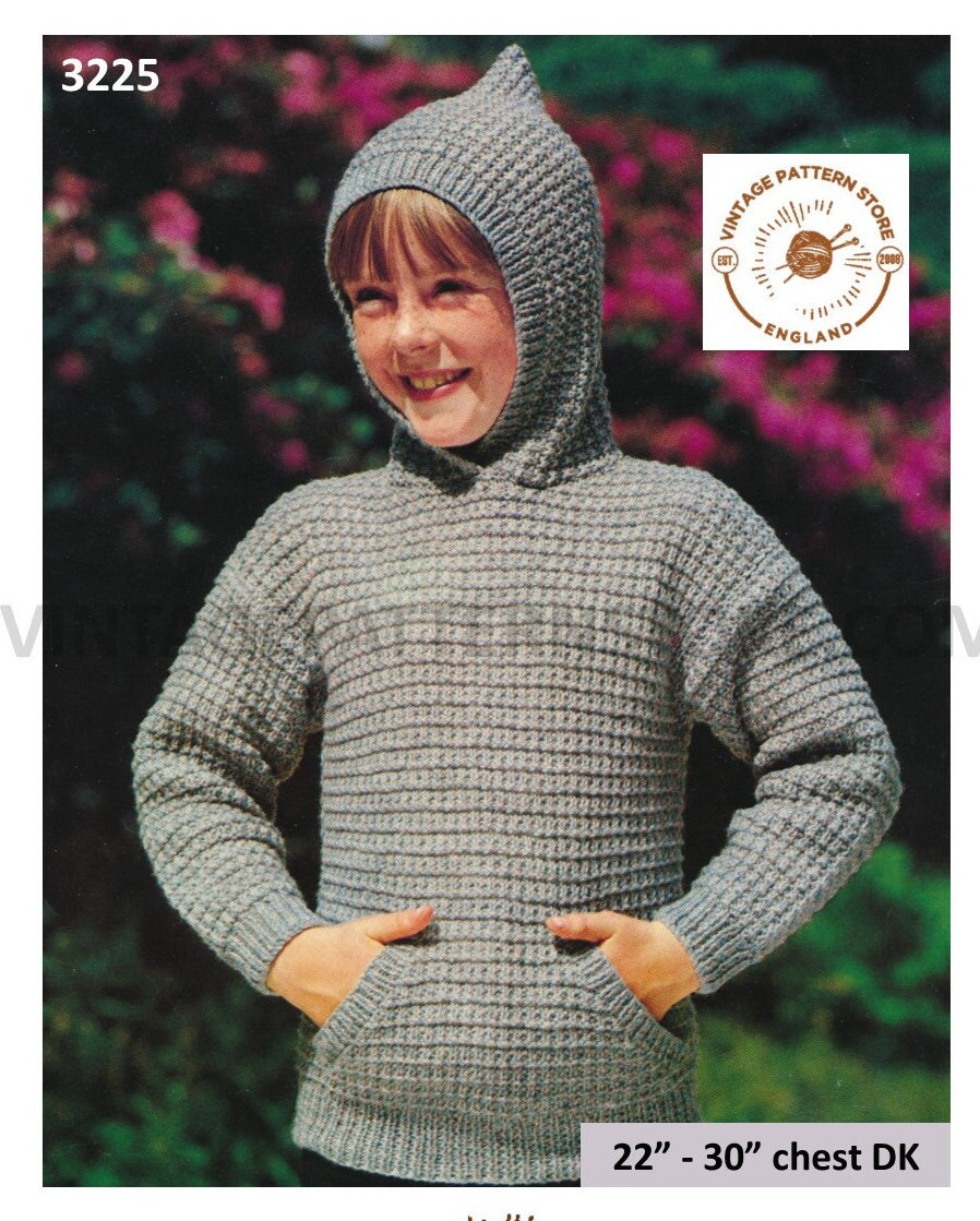 Boys Girls 70 vintage DK pixie hood sweater jumper hoodie with pocket pdf knitting pattern 22 to 30 chest Download 3225