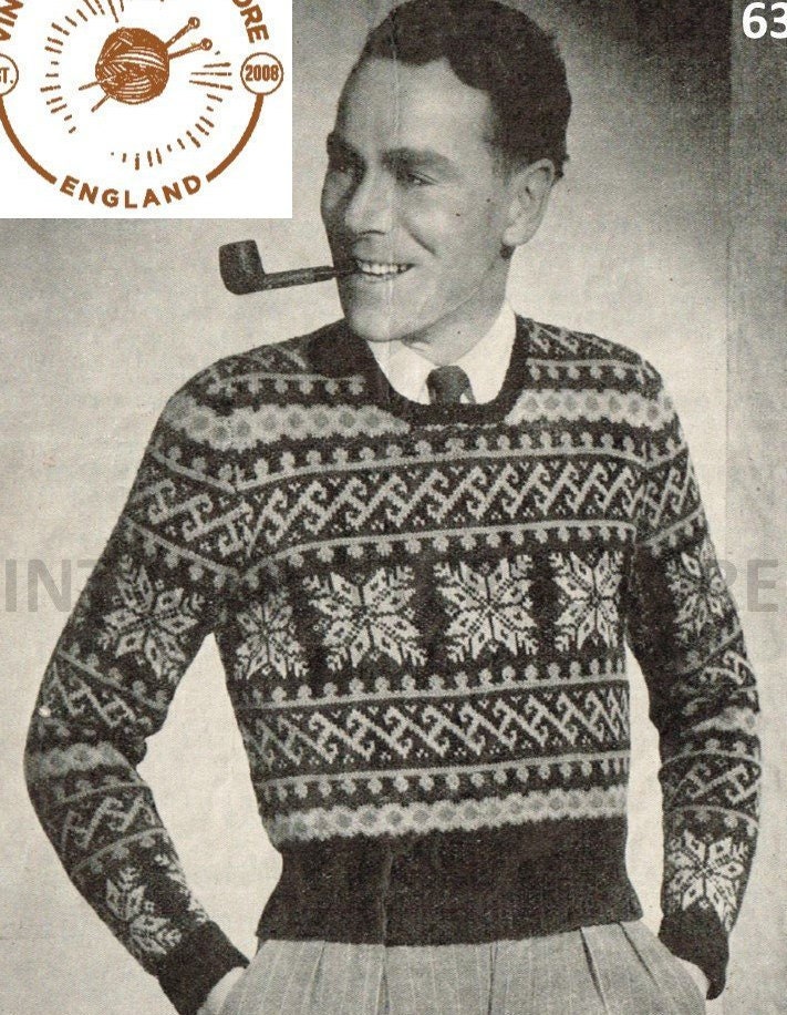 Mens Mans 30s vintage 3 ply fair isle & snowflake banded raglan ...