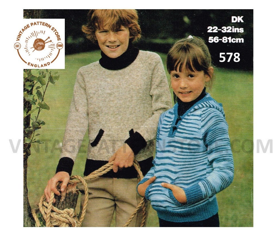 Boys Girls 80s easy to knit DK polo neck sweater & shirt neck striped ...