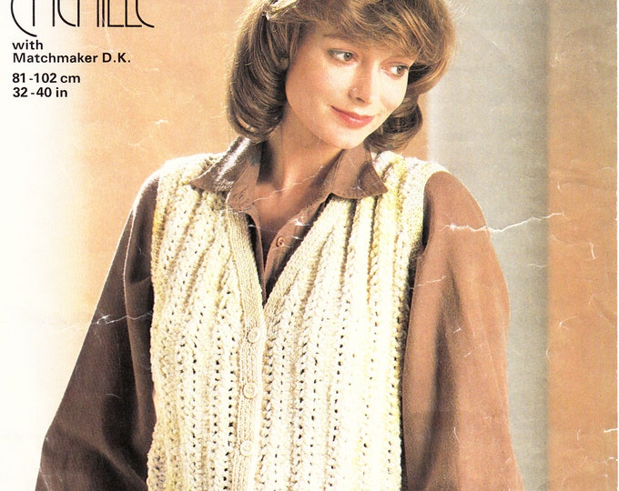 Original Pattern Jaeger 4885 Ladies Womens 80s vintage V neck cabled cable ribbed aran waistcoat knitting pattern 32" to 40" chest