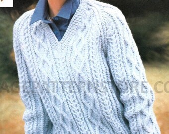 Ladies Womens 90s V Neck Cable Cabled Raglan Aran Sweater