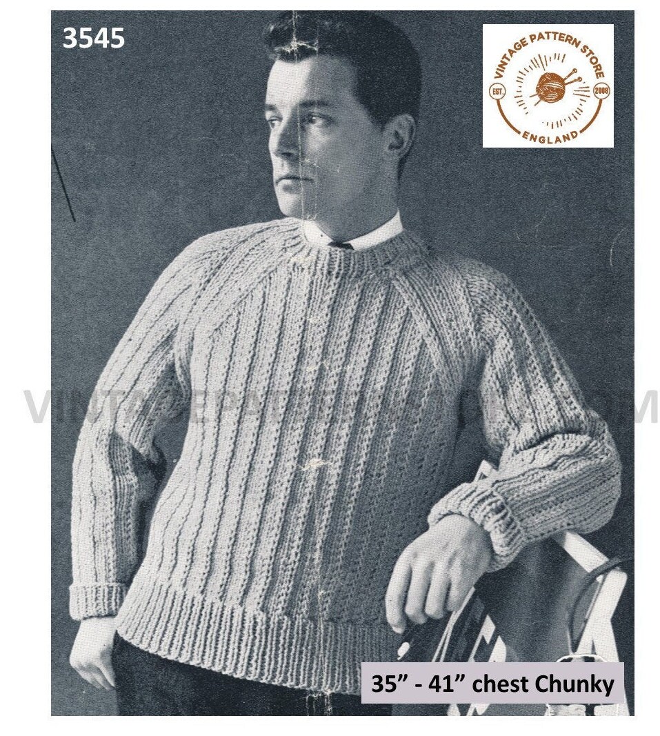 Mens Knitting Pattern K5809 Mens Round or Button Neck Rib and