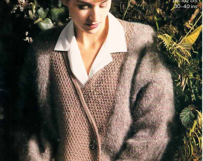 Original Knitting Pattern Sunbeam 1512 Ladies Womens 90s V neck double breasted DK texture panel & mohair dolman jacket 30" to 40" chest