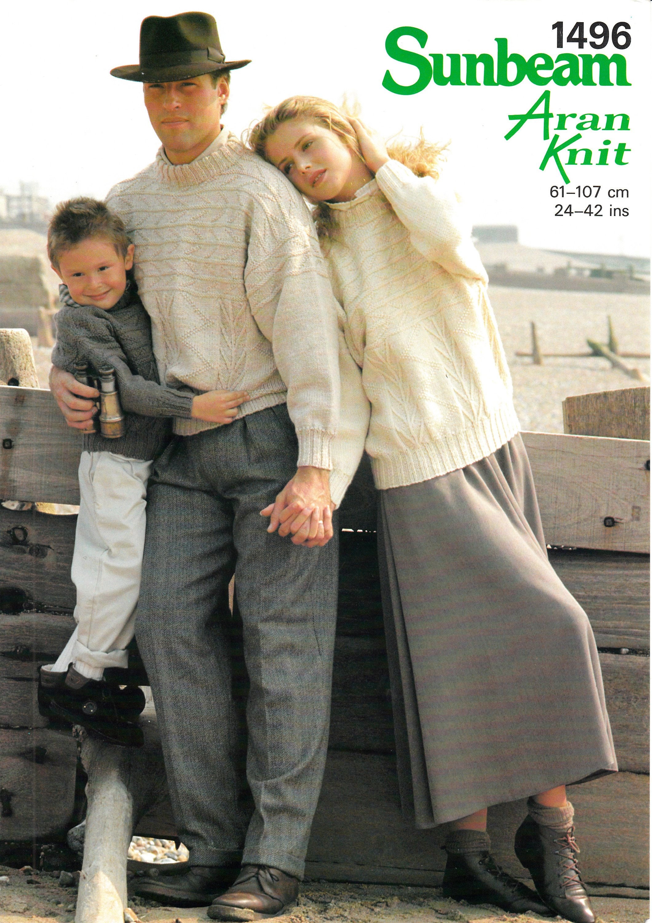Original Knitting Pattern Sunbeam 1496 Womens Mens Boys Girls 90s crew neck cable drop shoulder aran dolman sweater jumper 24 to 42 chest