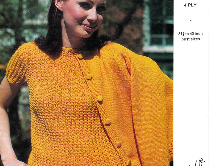 Original Knitting Pattern Emu 2635 Womens Ladies 70s 4 ply round neck lacy raglan cardigan sweater jumper twin set 31.5" to 42" chest