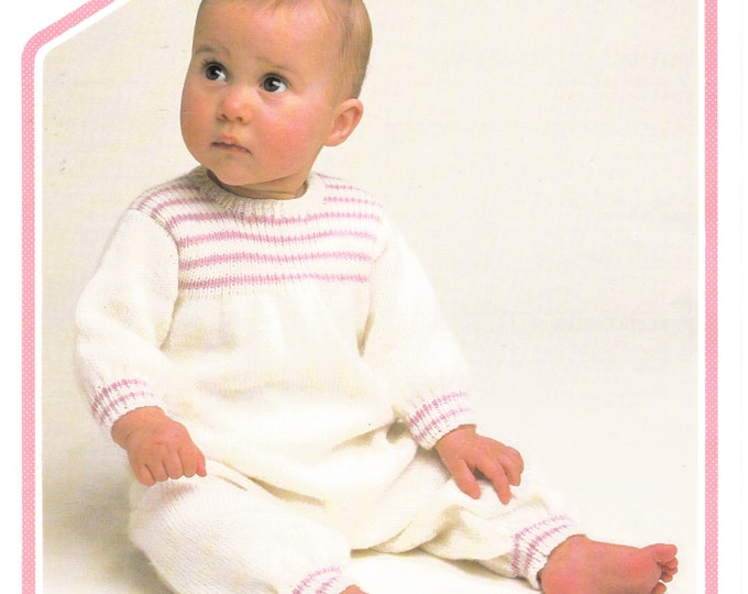 Original Knitting Pattern Peter Pan 506 Babies Baby 4 ply round neck striped yoke all in one onesie romper play suit 16" to 20" chest