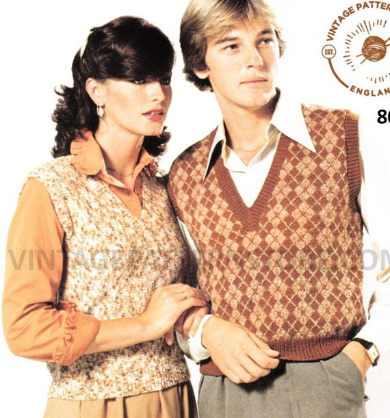 Womens Mens 70s Vintage 4 Ply V Neck Easy to Knit & Fair Isle Tank Top  Slipover Sweater Vest Pdf Knitting Pattern 32 to 42 Download 806 