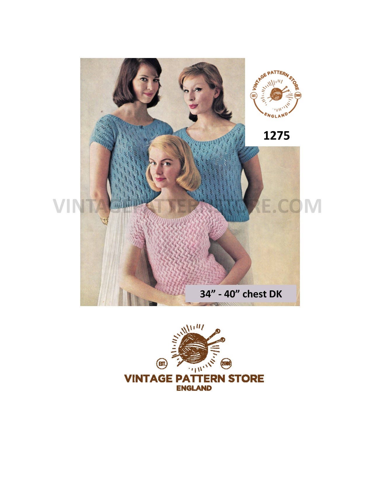 Ladies Womens 60s vintage DK boat neck short sleeve lacy or cable ...