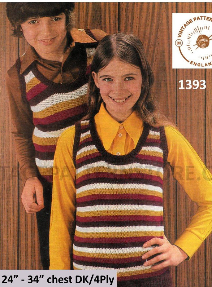 Boys Girls 70s vintage 4 ply or DK scoop striped slipover sweater vest top pdf knitting 24 to 34 chest Download 1393