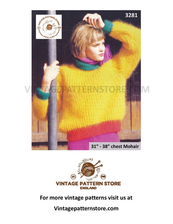 80s Mohair Sweater Knitting Pattern, Ribbed Raglan Sleeves (31-38