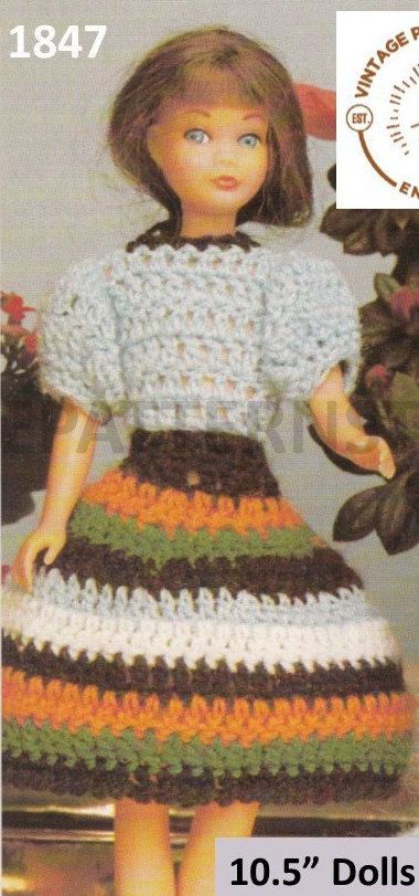 80s vintage Sindy Dolls clothes short puff sleeve striped dress pdf knitting pattern Instant PDF download 1847