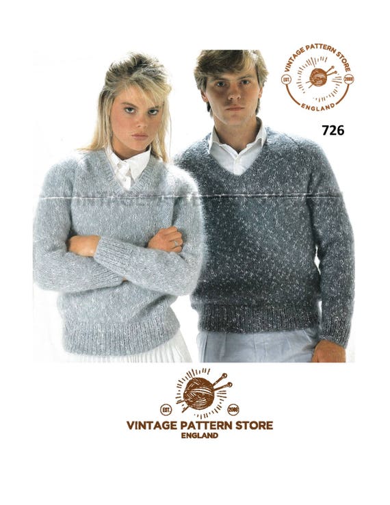 Ladies Womens Mens 90s Easy To Knit V Neck Raglan Aran Sweater Jumper Knitting Pattern 30 To 44 Chest Instant Pdf Download 726