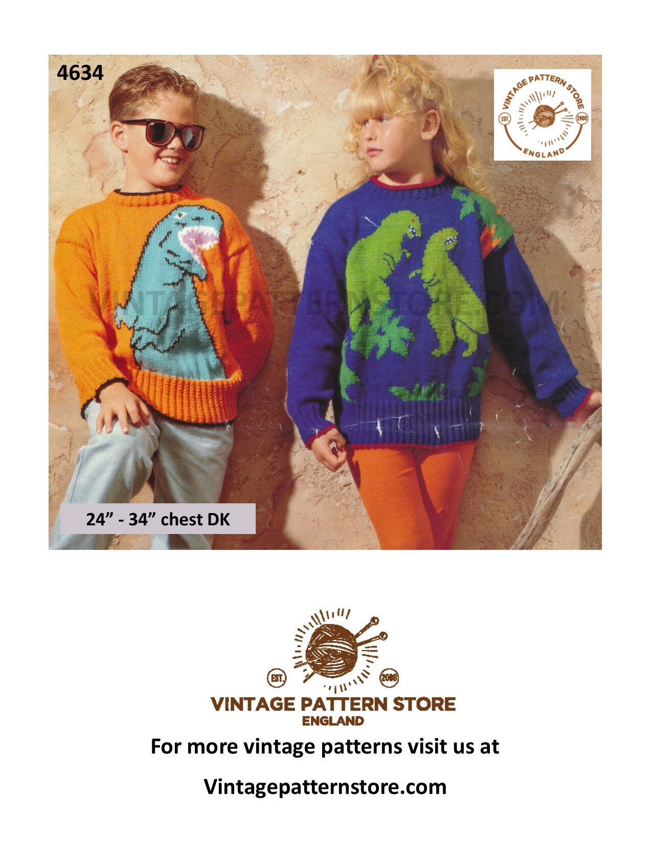 Girls Boys 90s DK Round Neck Drop Shoulder Dinosaur Intarsia
