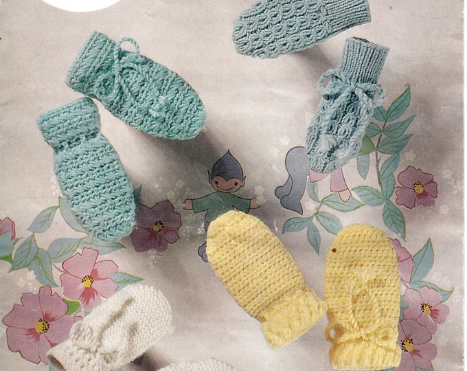 Original Knitting Pattern Peter pan 159 Newborn Baby Babies 60s vintage easy to crochet and cable cabled mittens 4 designs to crochet