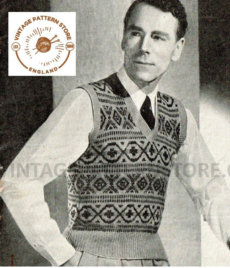Mens Mans 30s vintage 3 ply V neck fair isle banded sleeveless sweater ...