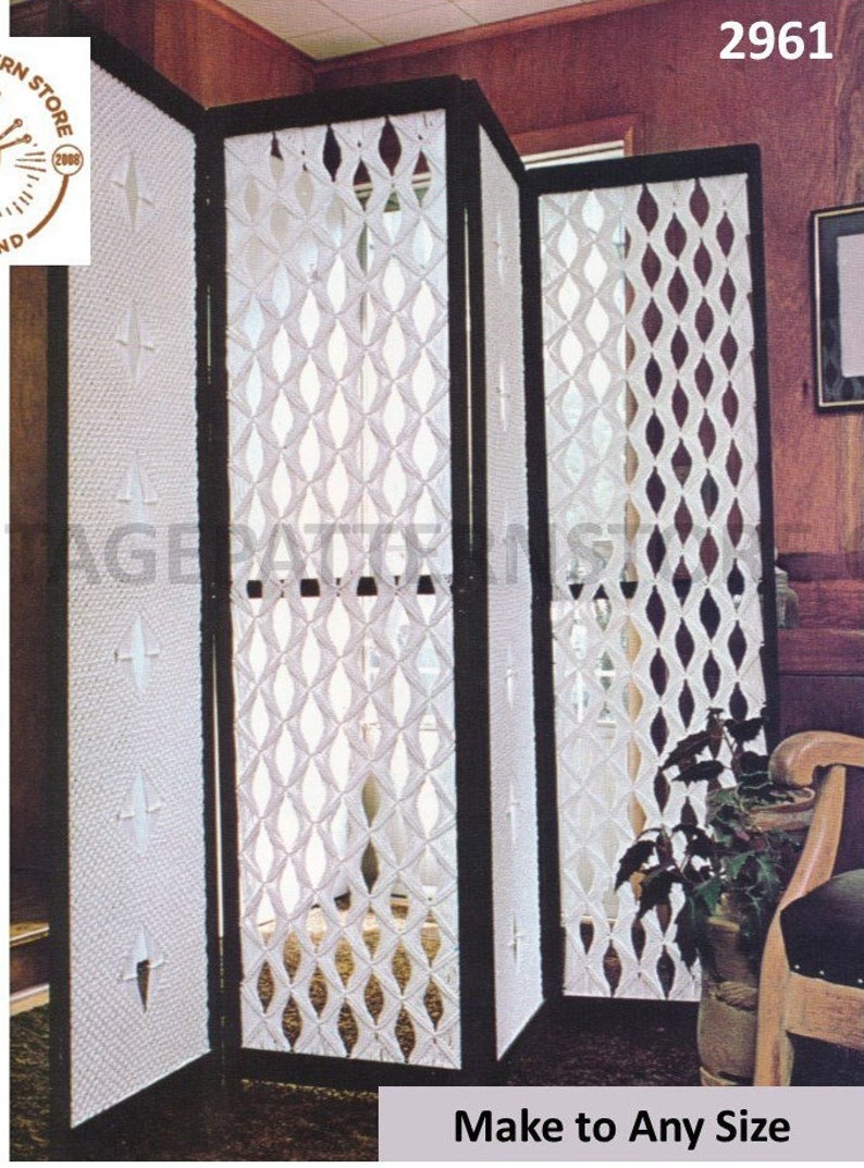 May include: A three-panel room divider made of white rope woven into a diamond pattern. The divider is framed in black and has a "Make to Any Size" caption at the bottom.