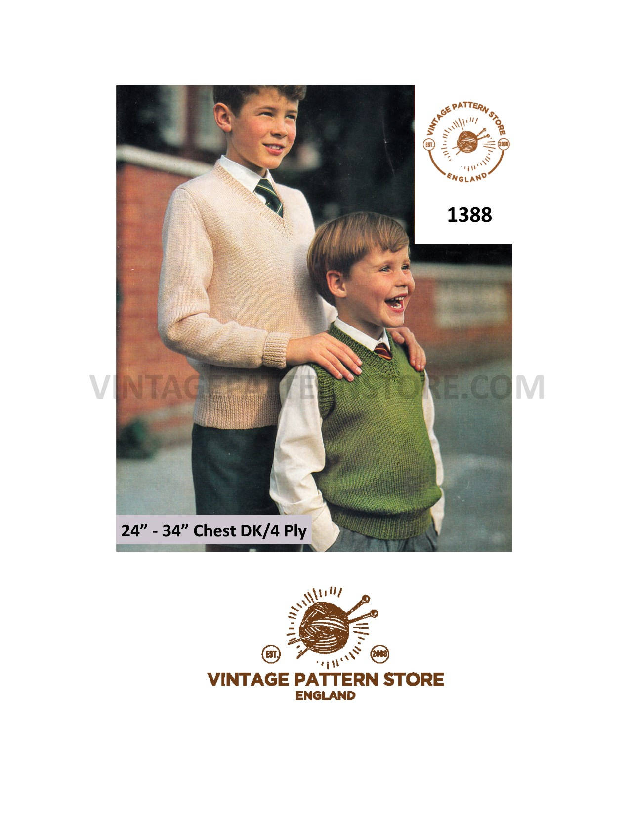 1980/'s Vintage pattern PDF Childrens DK pattern Instant download Boys V neck slipover tank top and sweater knitting pattern PDF 22-30