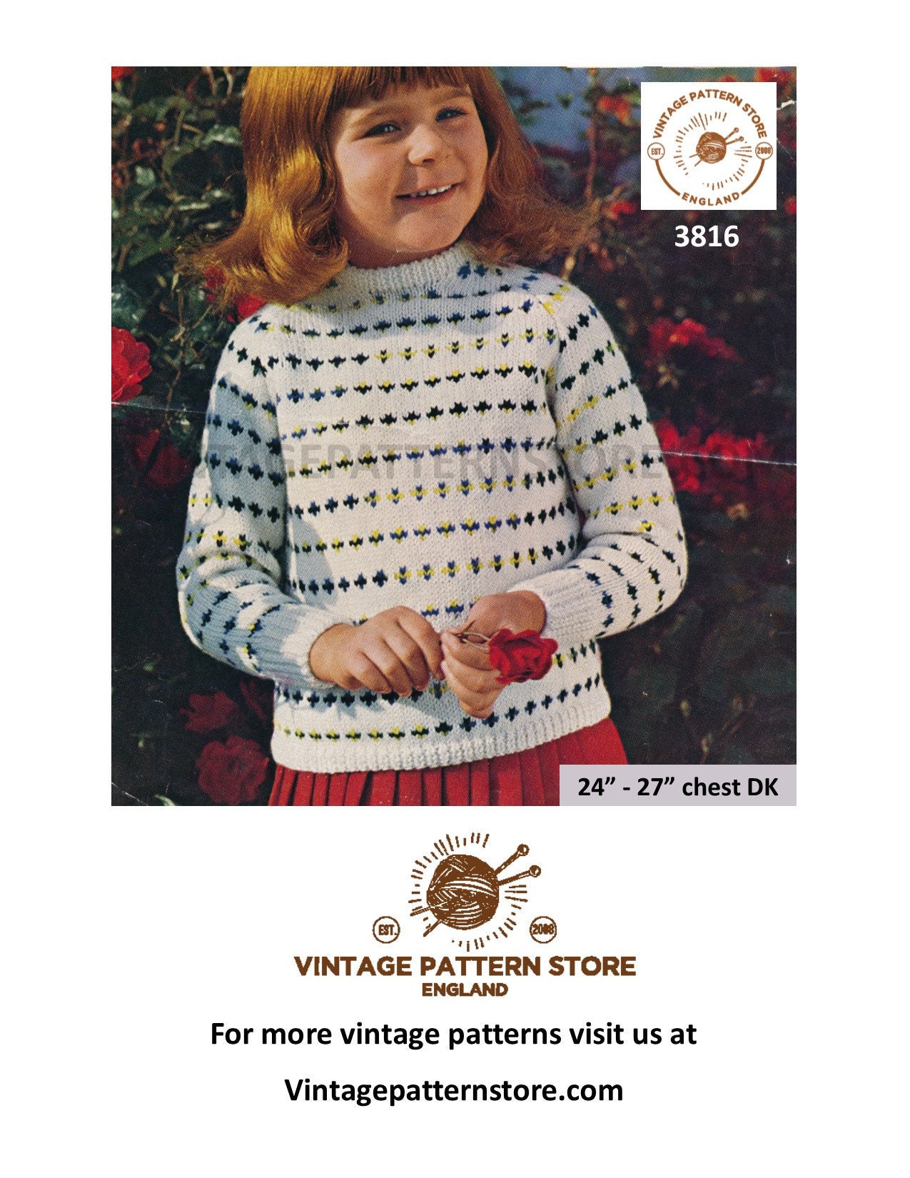 Girls 70s vintage easy to knit instant fair isle crew neck DK raglan ...